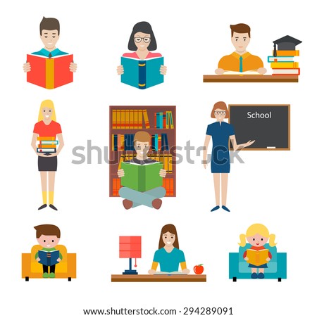 People reading books and study, vector illustration. Young students and children holding book and learn