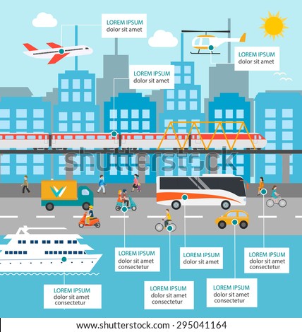 City transportation and traffic infographics design elements with transport, including plane, helicopter, bus, cyclists, train, cars, truck, scooters, yacht, pedestrians, buildings, road.