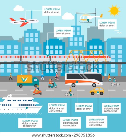 City transportation and traffic infographics design elements with transport, including plane, helicopter, bus, cyclists, train, cars, truck, scooters, yacht, pedestrians, buildings, road.
