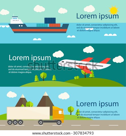 Transportation, shipment, cargo web banners set. Transportation by air, water, and truck transportation, vector illustration