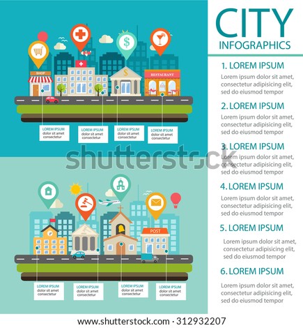 City infographics background and design elements with pins, town, buildings, road, shop, restaurant, post, church, school, transport, illustration