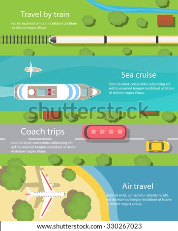 Travel and delivery horizontal banners set with ship, car, bus, plane, train,  top view. Transport and transportation, cargo and logistics, vector illustration