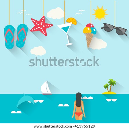 Flat summer holidays, vacation poster with hanging summertime icons set and woman swimming. Can be used for beach party invitation,  background , backdrop, ad, sale promotion. Layout template, vector