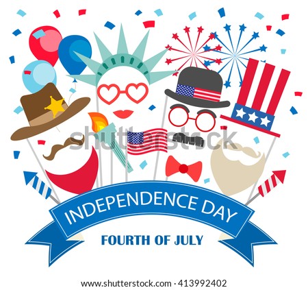 Fourth of July  background with booth props, fireworks, flags, balloons, confetti. Statue of liberty, Uncle Sam costumes.Can be used for 4th july Independence Day party invitation, card, flyer, poster