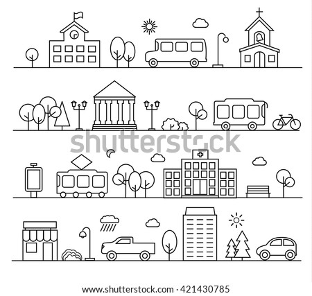 City landscapes set in linear style. With buildings, city transport, cars, bike, street lamps, trees,  bushes, shop etc., vector illustration