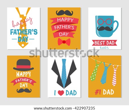 Happy Fathers Day, Dad holiday greeting, celebration posters set. Flat design. Can be used for greeting and invitation cards.  With moustache, tie, hat, cup, suit.  layout template in A4 size, vector