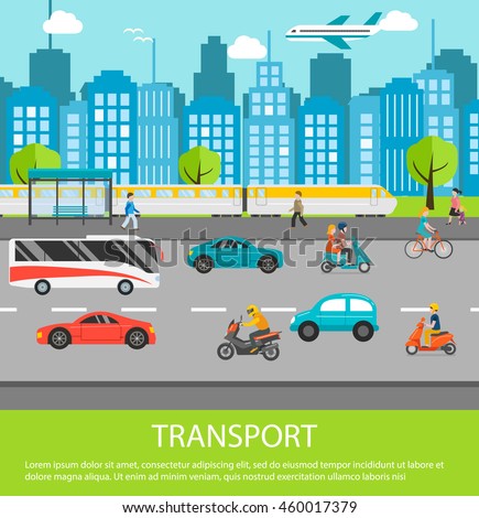 City traffic background with transport vehicles. Set of transportation  icons with motorcycle, bus, bicycle, cars and other transport, people, road. City life and urban landscape vector illustration