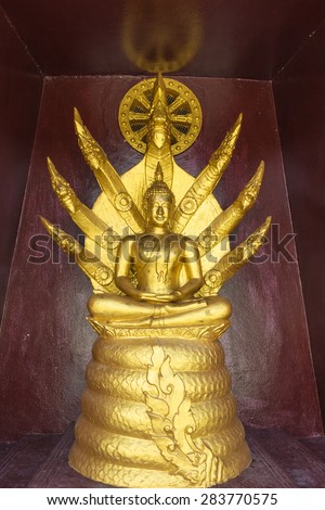 Buddha statue sitting on the king of naga with the brown background