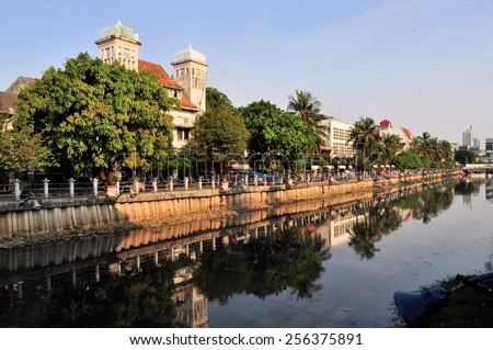 Dutch colonial architecture along a canal in Kota, Jakarta, Indonesia