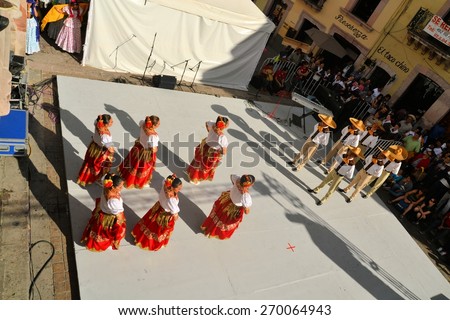 Zacatecas, Mexico, 31 July 2013: A dance group from mexico is performing on stage at the 18th Festival Cultural Internacional Zacatecas del Folclor. It is the biggest international folcloric festival