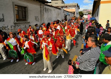 Latacunga, Ecuador 30 September, 2012: A parade march during La Fiesta de la Mama Negra traditional festival.  Mama Negra Festival is a mixture of indigenous, Spanish and African influences