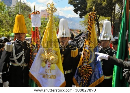 La Paz, Bolivia - 23 March 2013: Rows of soldiers with typical Bolivian high hats march in a military parade for dia del mar in La Paz capitol Bolivia. Die del Mar is celebrated annualy on the day