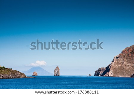 Aeolian Islands, Lipari,  two cliffs near Vulcano Island, Tyrrhenian Sea, Sicily, Italy