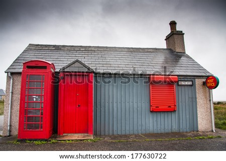 Royal Post Office with typical red phone booth of Isle of Lewis, Outer Hebrides, Scotland