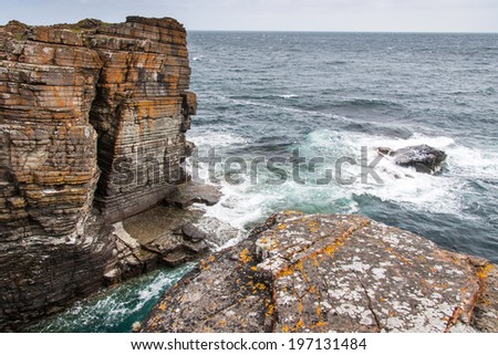 Rocks and cliffs of Mull Head Nature Reserve,  Deerness, Orkney island, UK