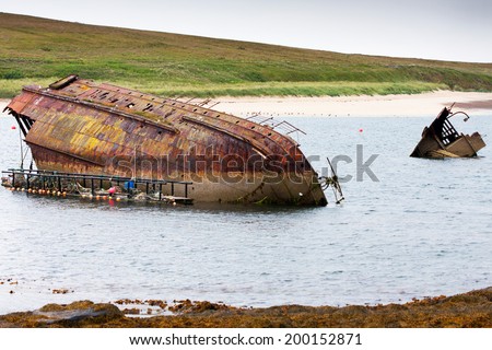World War II boat intentionally sunk to protect the natural harbour of Scapa Flow, South Ronaldsay, Orkney, Scotland, UK