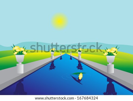 River. Landscape, river embankment with vases and flowers, overlooking the mountains