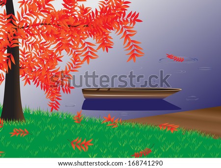 Autumn. Landscape, tree with red leaves and a boat on the river