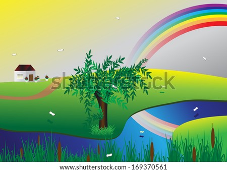 Rainbow. Landscape, river and butterflies after rain with a view of the house and rainbow