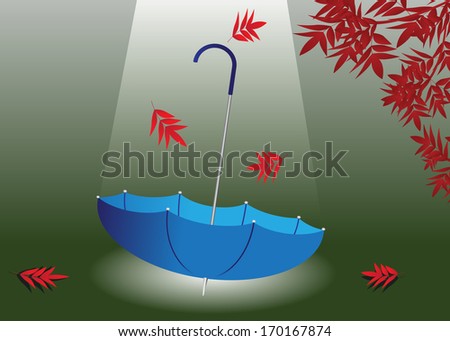 Umbrella. Autumn Landscape, blue umbrella in fog and red leaves falling from the tree