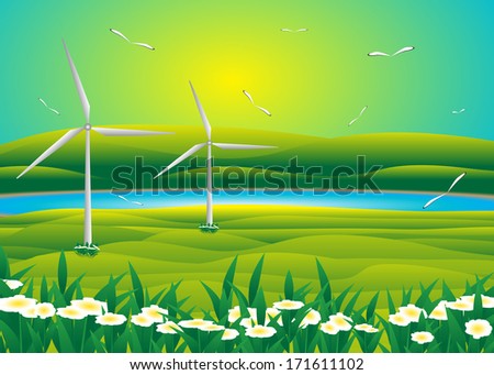 Ecology. Landscape, mountain lake and modern windmills
