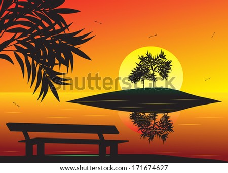 Sunset. Tropical landscape, sunset and view of the island with palm trees on a red background