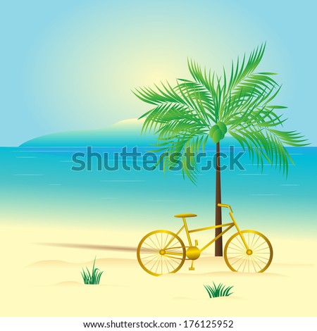 Bicycle. Tropical landscape, the gold bicycle on a beach and a palm tree with a coco, overlooking the mountain and water.