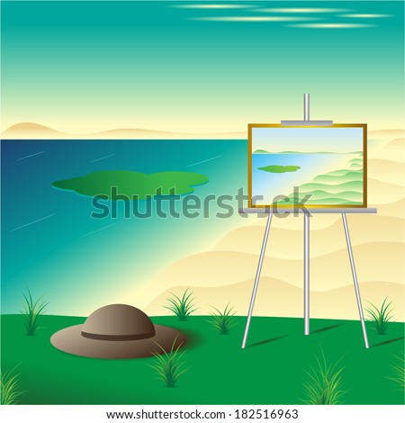 Unusual landscape, easel with a picture and a hat, against a beach, the sea and dunes.