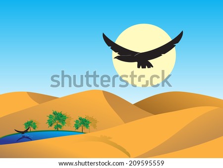 desert. Dunes to deserts, the lake with palm trees and two eagles.