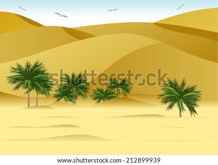 Landscape to deserts, dunes and palm trees
