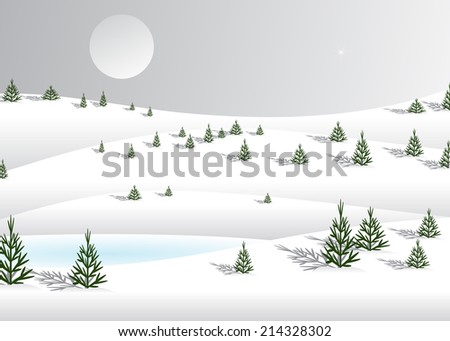 Christmas. Winter landscape, ski resort, mountains, pines and lake