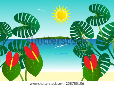 Tropical landscape, flowers, leaves and sea