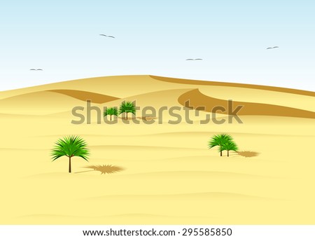 A desert landscape, dunes and palm trees against the blue sky