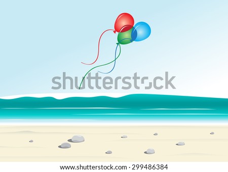 Summer landscape, beach, sea and color balloons
