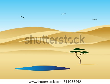 Desert landscape, tree and pool