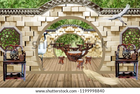 Garden terrace, garden furniture, birds, wooden floor
