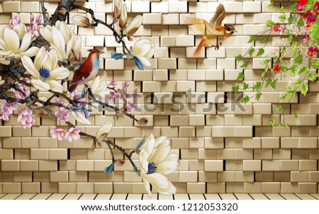 3d illustration, background with white brick wall, warm illumination, birds and fabulous flowers