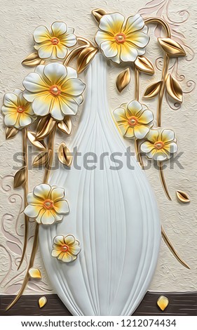 3d illustration, imitation of still life, white vase and golden flowers on a beige background
