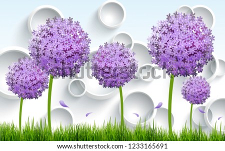 3D illustration, light background, white rings, grass, purple flower balls