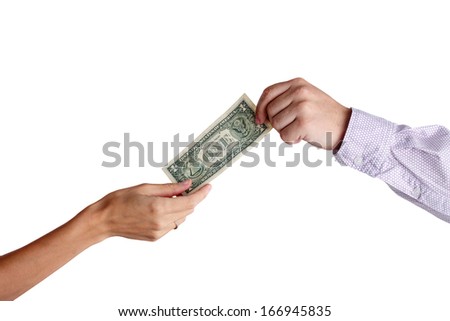 Transfer of money from hand to hand, isolated on white background