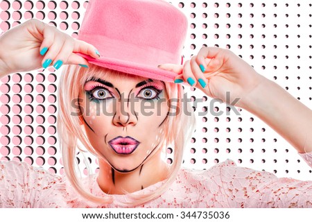 Girl in pink hat. Girl with creative makeup in the style of pop art. Girl surprised. Human emotions. On a colored background. Retro style. Vintage fashion.