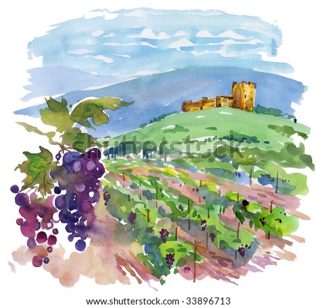 Watercolor Landscape Art. stock photo : Art, vineyard,