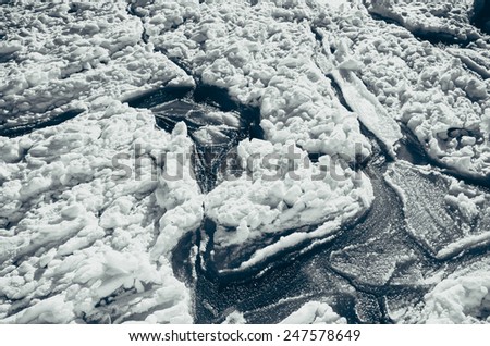 Winter sea landscape. Snow and ice texture. Vintage photo.