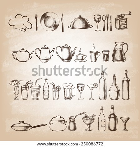 Set of hand drawn cookware . Kitchen background. Doodle kitchen equipments. Food and Drink. Silhouettes of kitchen utensils. Vintage style. Vector illustration.
