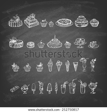 Vintage collection of desserts. Sketches of desserts hand-drawn with chalks on blackboard. Vector illustration.