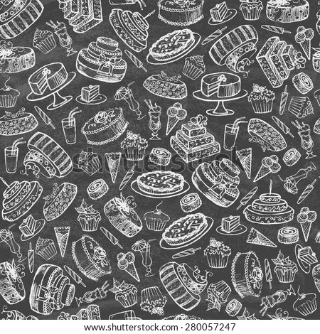 Vintage collection of desserts. Sketches of desserts hand-drawn with chalks on the blackboard. Seamless pattern. Vector illustration.