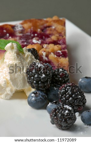 A berry tart with fresh whipped cream and mixed berry garnish.