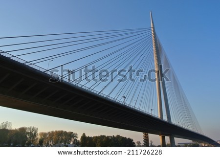 BELGRADE, SERBIA - OCTOBER 27, 2013: The Ada bridge - a cable-stayed bridge over the Sava river in Belgrade - has become one of the major landmarks of the Serbian capital after its completion in 2012.