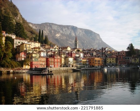 COMO LAKE, ITALY - JANUARY 1, 2012: Picturesque little Italian town of Varenna on Lake Como, on a quiet winter morning, on the first day of a new year.
