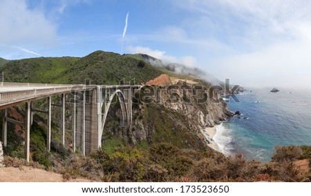 Panorama of the Bixby Bridge, looking south on the Pacific Coast Highway.